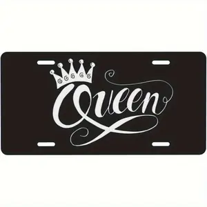 Crown Queen License Plate- 12X6Inch Black And White Metal Car Logo, Elegant Font And Crown Design, American Standard Size Personalized License Plate, Women'S Exclusive Wall Decoration Gift, Custom Vehicle, 2D Flat, For Decoration Only