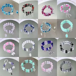 15pcs Mix Elegant Bracelets for Teenager - Sparkling Cracked Glass Beads Paired with Butterfly, Feather, Star, Cross, And Bow Pendants, Valentine's Gift, Romantic for Casual Attire, Year-Round Accessory