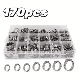 170 Pcs 304 Stainless Steel Single Ear Hose Clamp Set,Including 11 Sizes 1/4-1 Inch Constant Crimp Stepless Cinch Rings Crimp Assortment Kit for Water Pipe,Christmas Party Gifts,Hand Tools Kits
