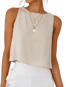 IDEALSANXUN Womens Linen Crop Tank Tops Cute Summer Tops for Women Summer Outfits Sleeveless Crop Tops for Women Summer Tops for Women 2026 Tops for Women Trendy  Beach Vacation Clothes for Women High Neck Tank Tops for Women Flowy Crop Tops Linen Blouses