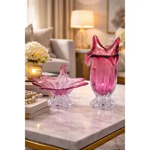 Pink Lily Shaped Glass Vase with Fruit Bowl - Elegant Soft Pink Hue for Home Decor - Timeless Refined Appearance with Delicate Curves