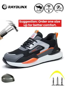 Men's Color-block Lace Up Front Mesh Breathable Steel Toe Trainers Steel Toe Sneakers Safety Shoes, Lightweight Comfortable Anti-slip Work Shoes