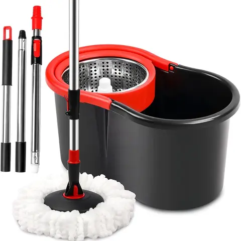 Spin Mop and Bucket with Wringer Set,360° Mop and Bucket System with One Microfiber Mop Refills and 50" Extended Handle for Floor Cleaning (Black) Long Handle Mops Floor Mops, Microfiber Mop Head