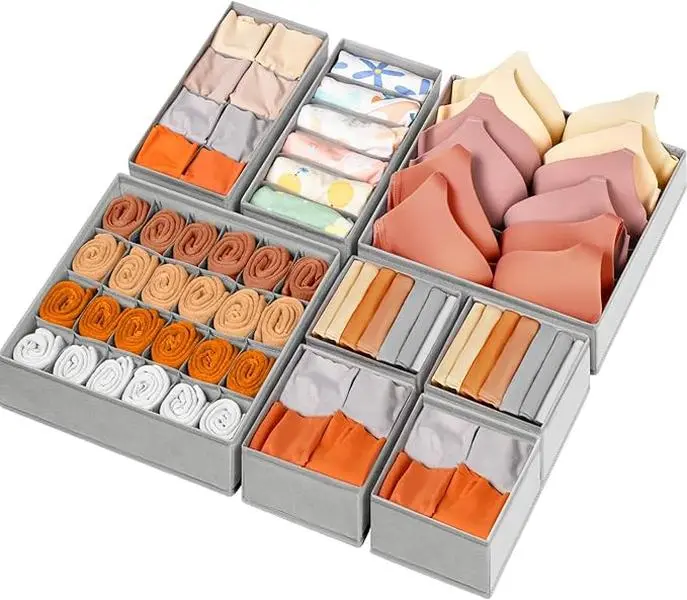 8 Pack Drawer Organizer for Clothes – 48 Compartments Dresser Storage Bins, Fabric Closet Organizers for Baby Clothes, Underwear, Socks – Nursery, Bedroom Organization (Grey)