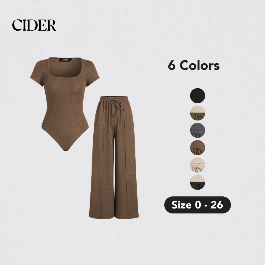 Cider [6 colors, Size 0-26] U-neck Bodysuit & Elastic Waist Pants Set SohoChic