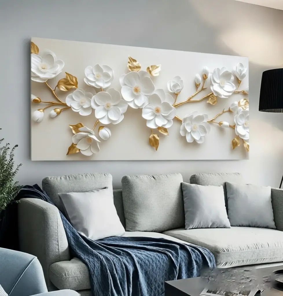 1pc 30x60inch.Artistic Floral Motif Canvas Print with Wood Frame - Modern White & Gold Luxury Wall Art, Gold House Decor Inspo for Living Room, Bedroom Home Supplies