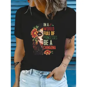 Women's Mexican-Inspired Graphic Print T-Shirt - Vibrant Skull & Floral Design with "Be a Chingona" Empowerment Quote, Short Sleeve Crew Neck Casual Top, Breathable Regular Fit for Summer Spring Fall, Mexican T Shirt, Festive Part
