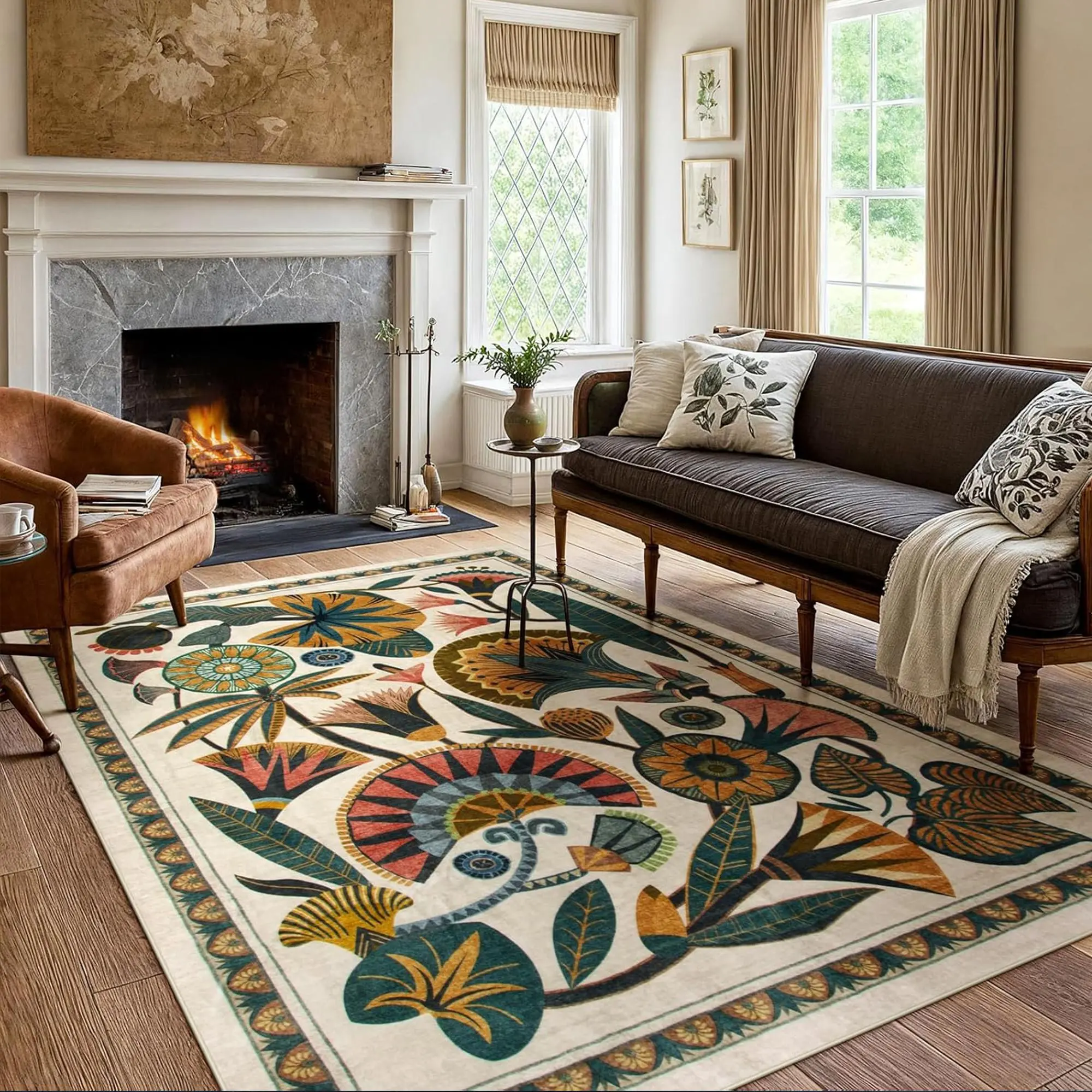 Vintage Ethnic Totem Floral Print Carpet, Large Area Living Room Bedroom Rug, Washable Non-Slip Plush Mat, Home Decor, Boho Printed Rug, Boho Style Rug, Boho Area Rugs, Home Decorative Rug