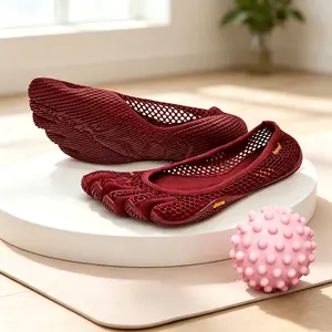 Women's Burgundy Hollow Mesh 5-Toe Barefoot Yoga Shoes, Non-Slip Textured Sole, Breathable Split-Toe Training Footwear for Pilates, Barre