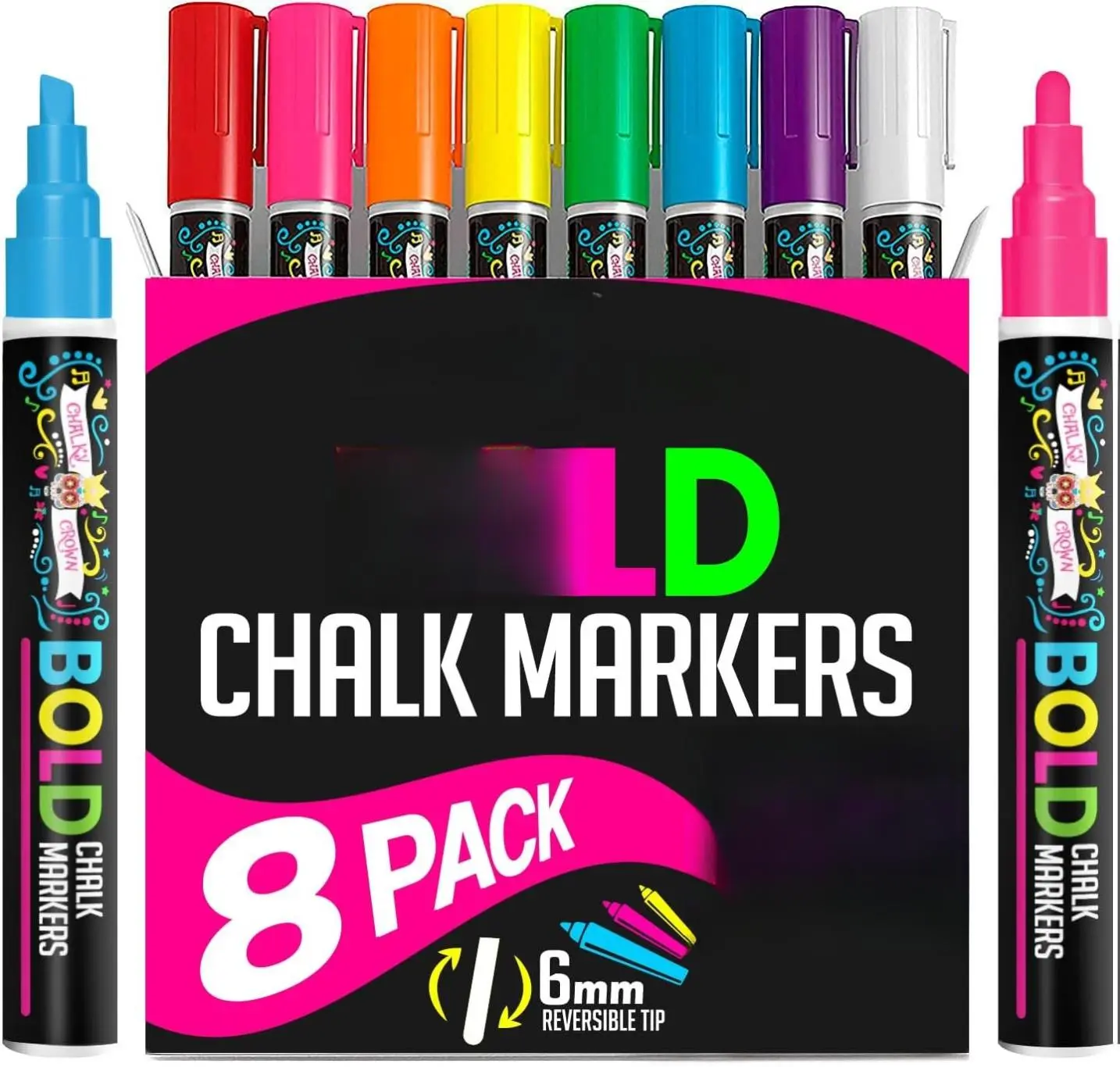 Liquid Chalk Markers for Blackboards - Bold Color Dry Erase Marker - Chalk Markers for Chalkboard Signs, Windows, Blackboard, Glass - 6mm Reversible Tip (8 Pack) - 24 Chalkboard Labels Included