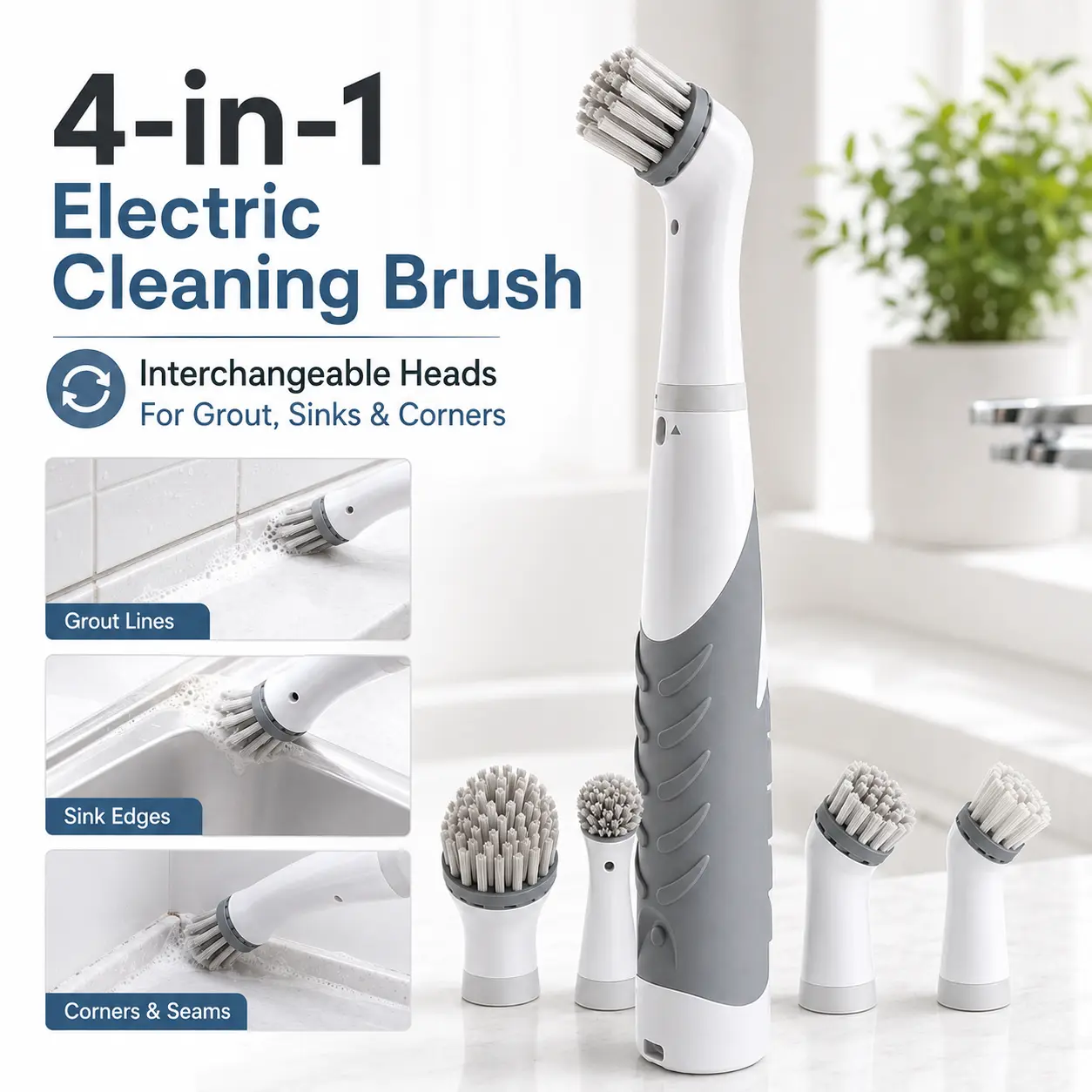 Compact Rechargeable Cleaning Brush with 4 Brush Heads, Small Electric Scrubber for Bathroom Grout, Faucet, Sink and Kitchen Details