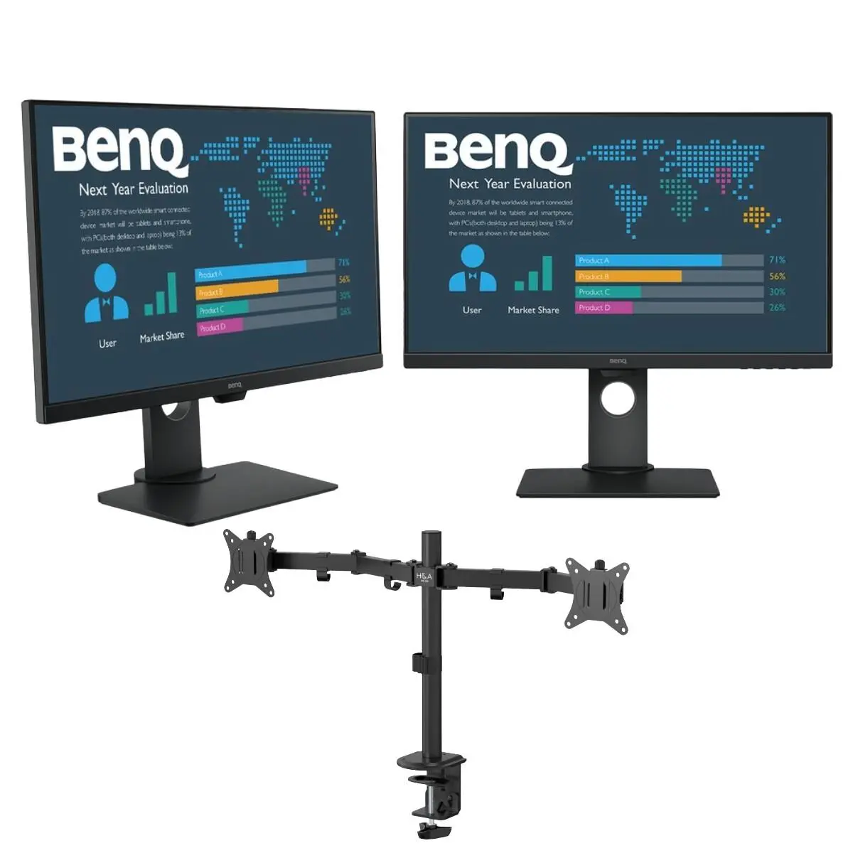 BenQ BL2780T 27" 1920x1080p Full HD 16:9 IPS Panel Business Monitor with Eye-Care Technology, Built-In Speakers, Ergonomic Design, Black + H&A Dual Monitor Desk Mount Stand