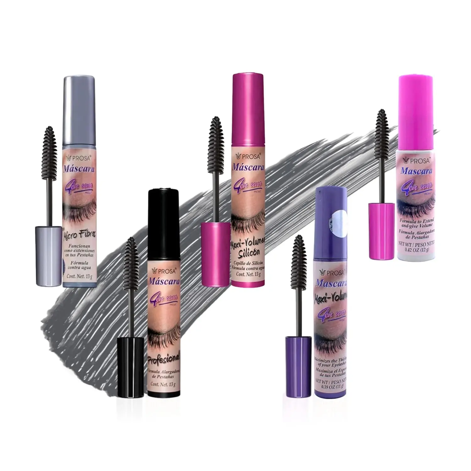 Prosa Mascara Set of 5 Maxi-Volume, Proffesional, Micro Fibers, Maxi-Volume Silicone