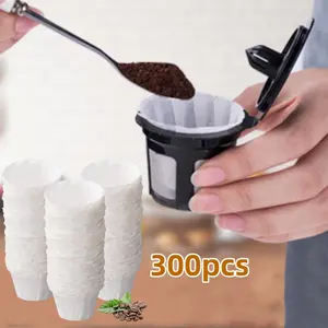 300PCS Disposable Paper Coffee Filters, Paper Filters for Keurig Single Brewer Reusable Cups, K-cup Coffee Pods, Fits All Brands Reusable K Cups