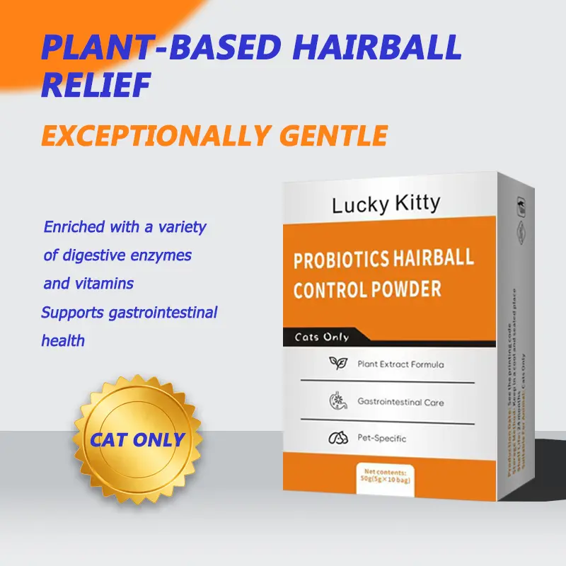 Lucky Kitty Cat probiotics (60 g) made with plant-based extracts for gentle hairball control, enriched with vitamins and probiotics to support intestinal health