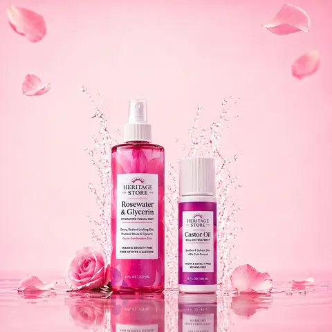 HERITAGE STORE TikTok Viral Vegan Selfcare Glow Duo - Daily Hydrating Rosewater & Glycerin Facial Mist + Castor Oil Roll-On for Lashes, Brows & Skin, Hydrate