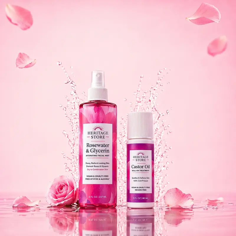 HERITAGE STORE TikTok Viral Vegan Selfcare Glow Duo - Daily Hydrating Rosewater & Glycerin Facial Mist + Castor Oil Roll-On for Lashes, Brows & Skin, Hydrate