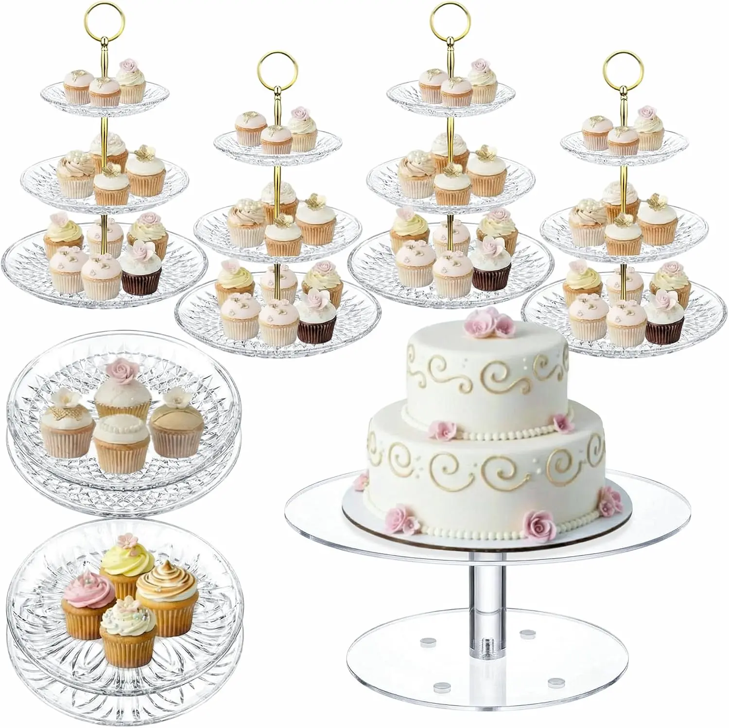 9 Pcs Acrylic Cake Stand Set Include 4 Pcs 3 Tier Cupcake Tower 4 Round Dessert Tray 1 Cake Pedestal Stand Dessert Table Cupcake Holder for Birthday Wedding Baby Shower Party Decoration