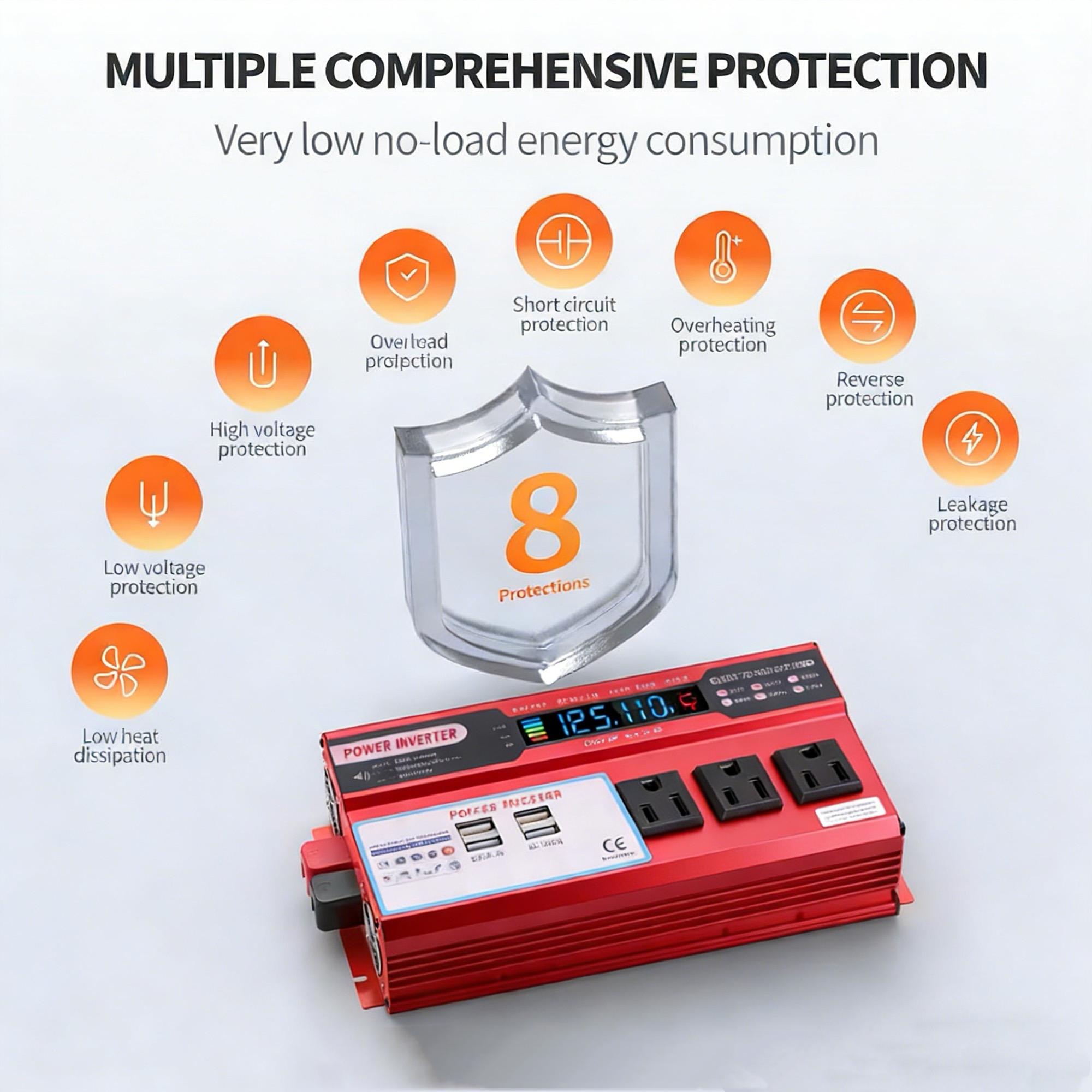 Portable Car Power Inverter with 3 AC Outlets 4 USB Fast Charging Ports DC 12V to 110V AC Converter 5000W Peak Power Vehicle Charger for RV Truck Boat Camping Road Trip Emergency Backup Power Supply with Overload & Overheat Protection