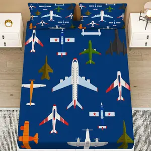 3pcs Aviation-Themed Airplane Bedding Set - Soft Polyester, Breathable Fitted Sheet with 2 Pillowcases, Machine Washable, All-Season Comfort for Bedroom & Dormitory, Bedding Sheets