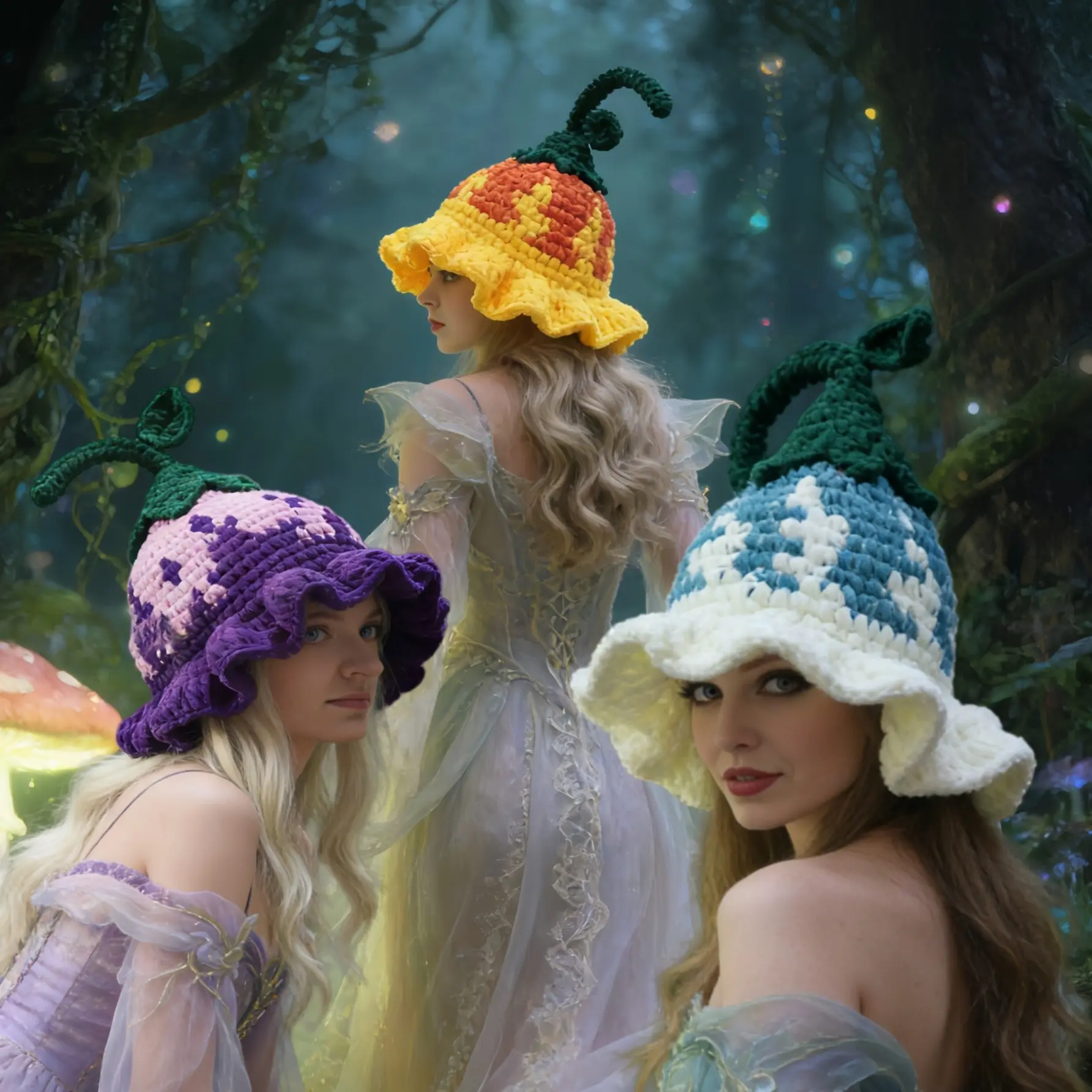 Handmade Crochet Fairycore Mushroom Hat with Vine Top & Ruffle Brim, Cute Cottagecore Forest Elf Beanie, Colorful Magic Witchy Festival Headwear for Rave & Halloween Cosplay