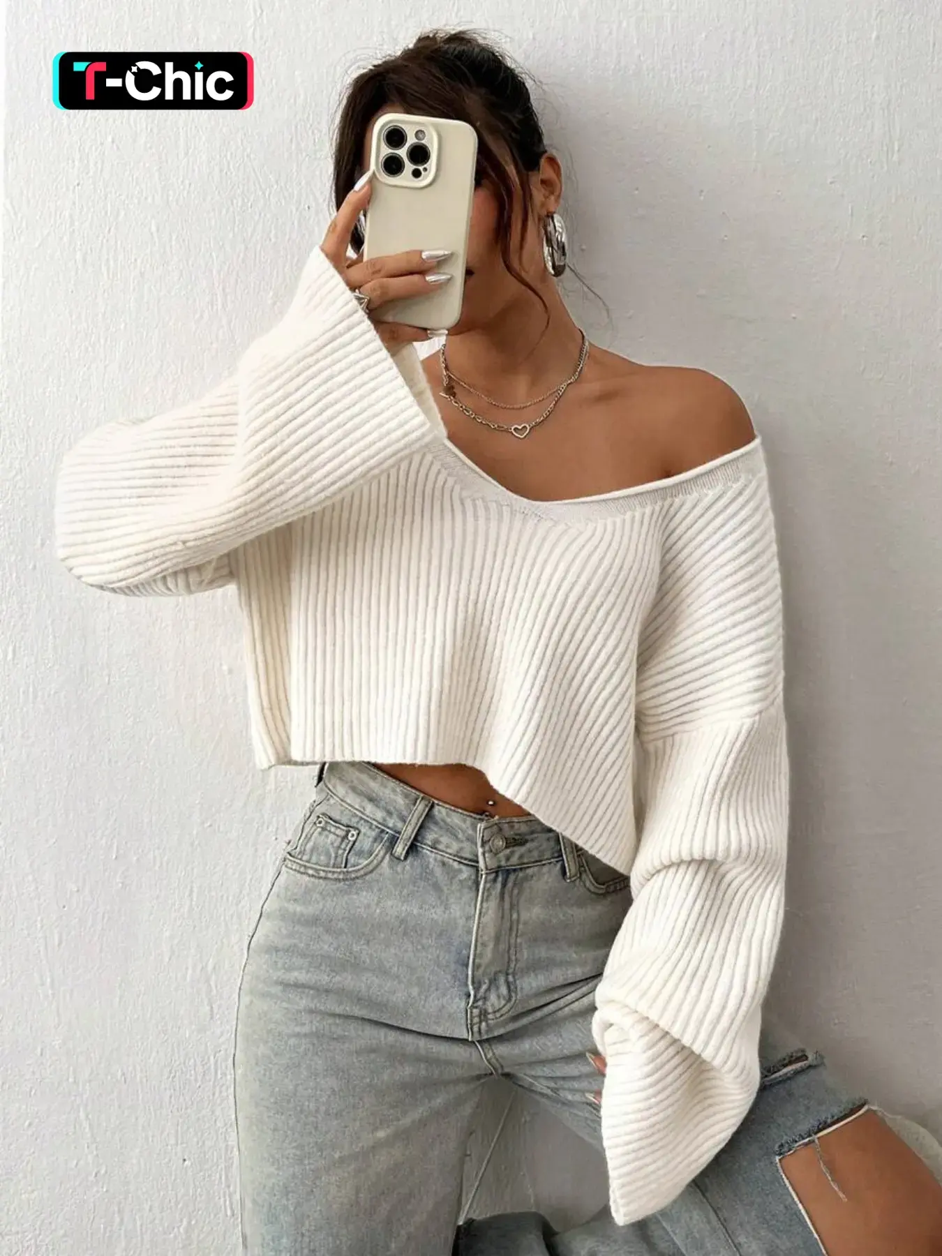 Casual Style Solid Color V Neck Drop Shoulder Crop Ribbed Knit Sweater Knitwear