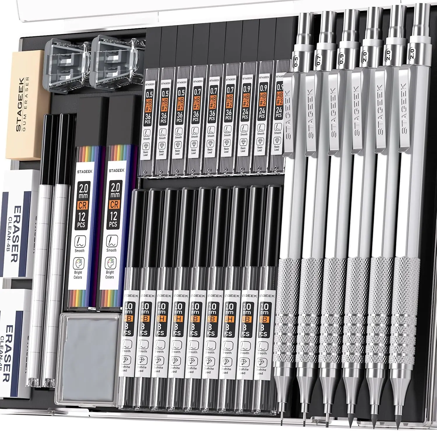 35Pcs Artist Pencil Set with Case, Anti-Skid Metal Grip Graphite Drawing Drafting Pencils (0.5/0.7/0.9/2.0), 384PCS Lead Refills (6B/4B/2B/HB/2H/4H), Sharpener & Erasers, Stationery Office Supplies Writing Tools for Sketching, Black