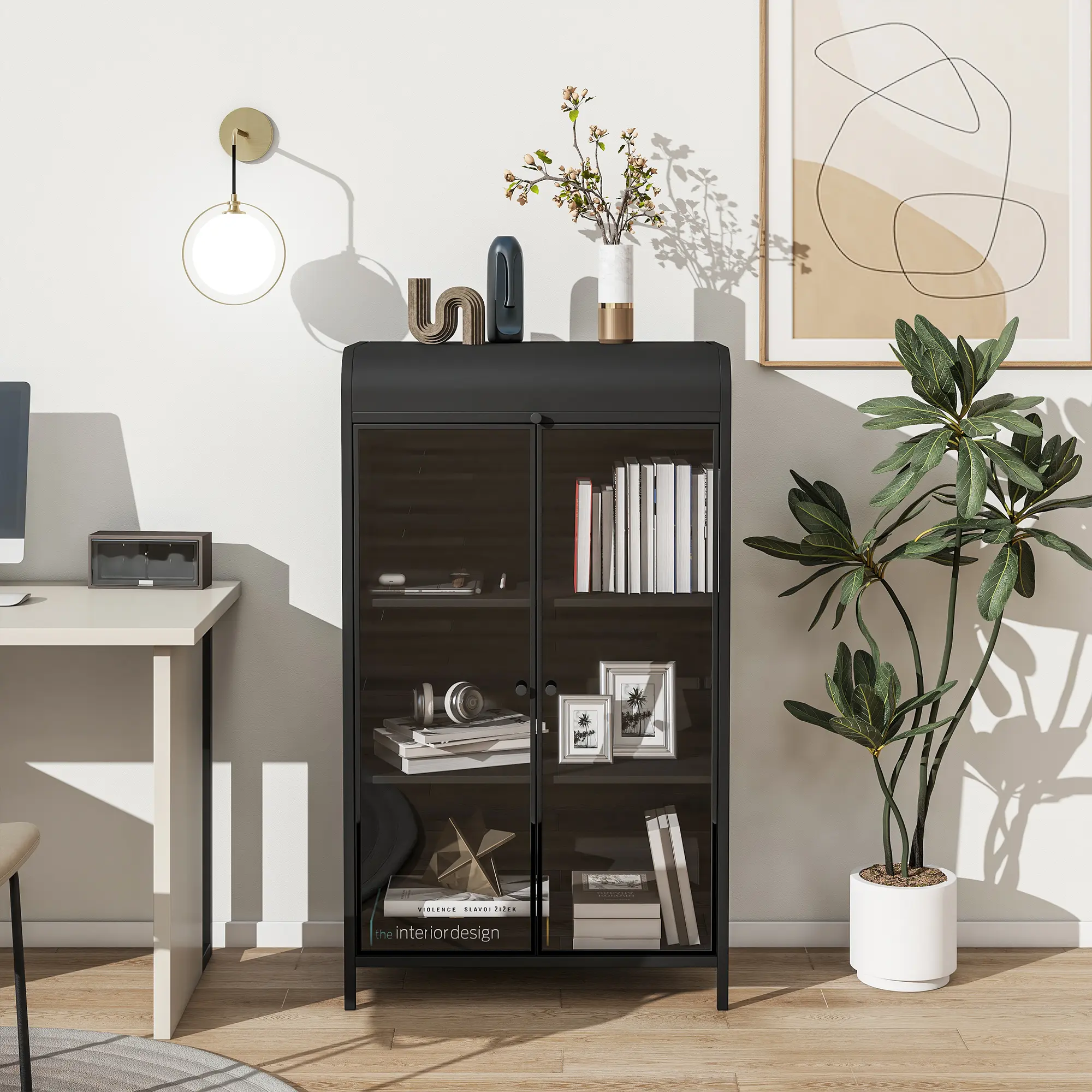 47.6" Tall Metal Storage Cabinet with Glass Doors & Flip-Top, 4-Tier Display Cabinet with Open Shelves, Freestanding Steel Sideboard Buffet for Kitchen, Living Room, Home Office, Dining Room, Bathroom, Home Furniture and Household Product