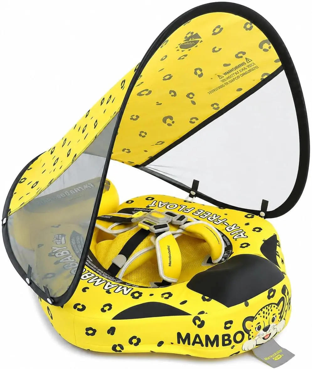 Mambobaby Baby Pool Float with Canopy, Non-Inflatable Infant Baby Swim Float Trainer with Safe Seat & Tail Support for Toddler, Mambo Baby Float Solid UPF 50+ Sun Protection