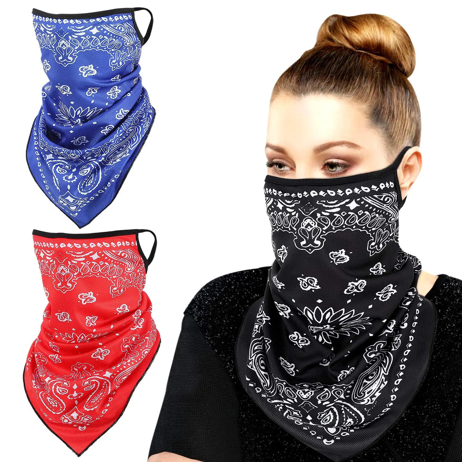 3-Pack Casual Bandana Face Mask with Ear Loops for Adults, Lightweight Breathable Neck Gaiter with UV Sun Protection