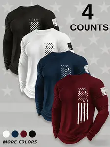 Men's Round Neck Fitted Long Sleeve T-Shirt Set, Casual Knit Polyester Top, Slightly Elastic Classic Basic Style, Geometric Print, Spring & Fall, Knitwear