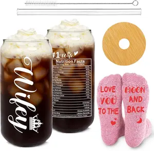 ANOTION Valentine's Day Gifts for Wife - "Wifey" Glass Cup Set with "Love You to the Moon and Back" Socks - Ideal for Wife Birthday & Anniversary Gifts