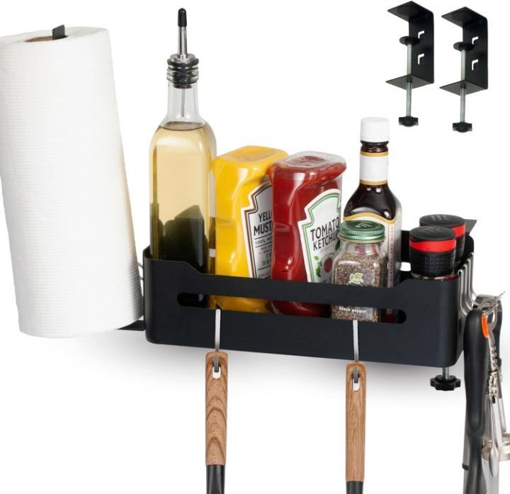 Heavy Duty Griddle Caddy for Blackstone & Prep Cart, Side Shelf Organizer with Paper Towel Holder, Space Saving BBQ Grill Accessory Storage Box with 6 J-Hooks