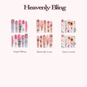 PetaLedge Reusable Luxury Bling Long Square Press On Nails 2.13" – Pink & Blue Crystal Rhinestone Nails with Cross Charms, Butterfly Sparkle & Heart Gems | Handmade Acrylic Fake Nails for Glam, Coquette & Y2K Styles