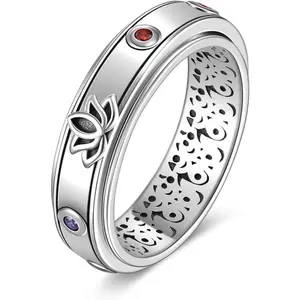 Lotus Chakra Fidget Ring 925 Sterling Silver Lotus Flower Spinner Ring for Women Anxiety Rings Lotus Chakras Spinning Ring Fidget Jewelry Gifts for Women Size 7