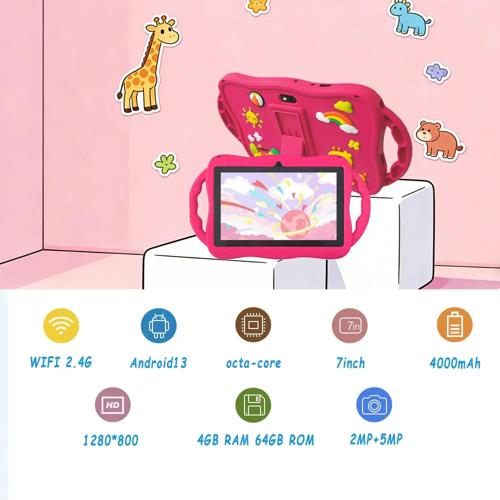 7-inch children's tablet, Android Tablets, 4GB RAM 64GB ROM Android 13 Q version Changjin Deer shockproof silicone protective case supports WIFI and Bluetooth, parents can control educational learning software, dual cameras