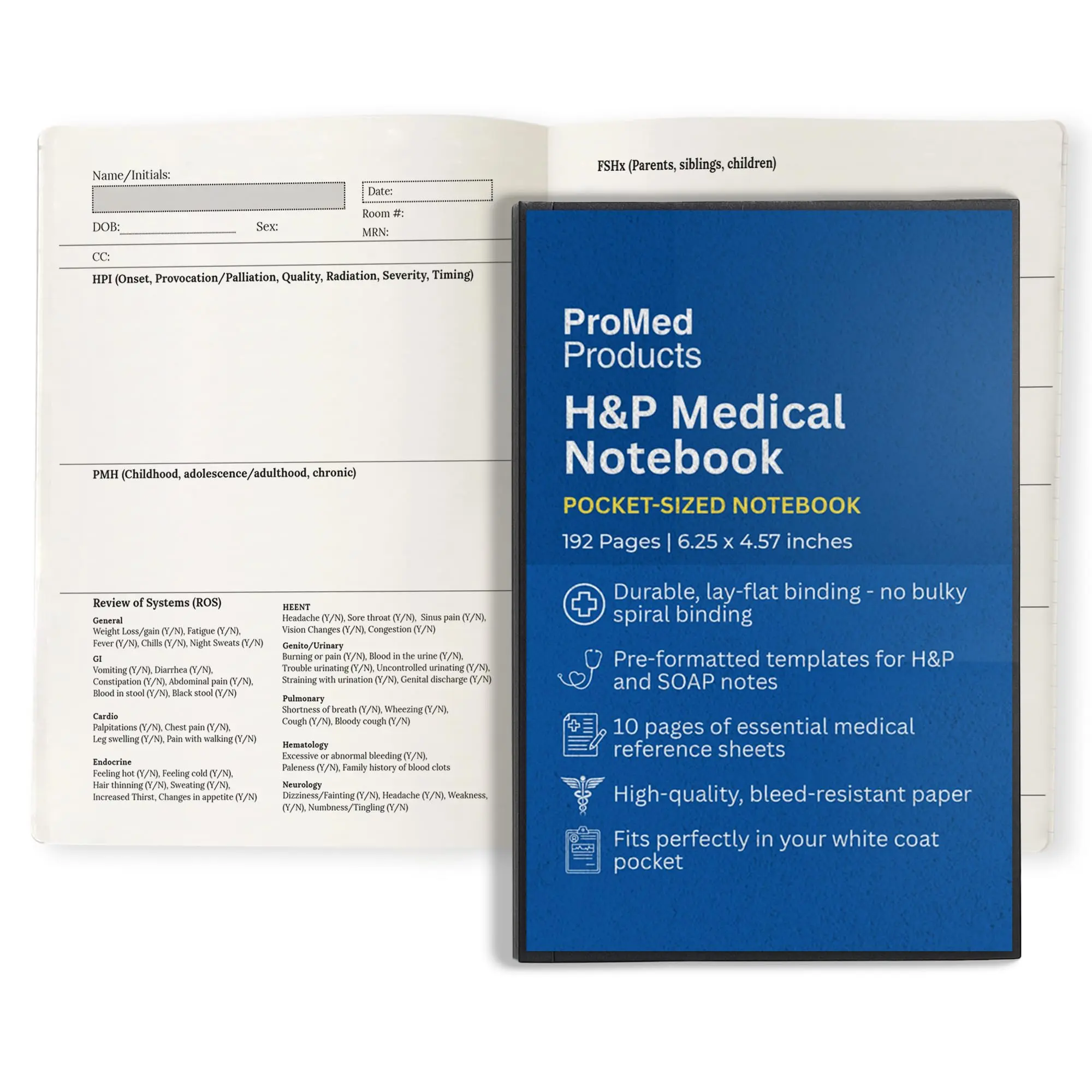 ProMed Products H&P Medical Notebook - Mini Pocket-Sized Clinical Note Organizer, Durable Lay-Flat Bind, Bleed-Resistant, Reference Sheets, Blank Form Notebooks for Medical Students, Office Stationery Healthcare Accessories, Compact & Portable