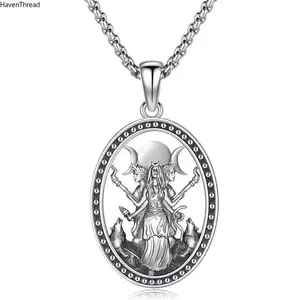 Unisex March Goddess Hecate Silver-Tone Oval Pendant Necklace, Spiritual Protection Amulet, Mystic Symbol Witch Jewelry for Daily Wear (Sports & Outdoor Fan Shop Gaming Accessory)