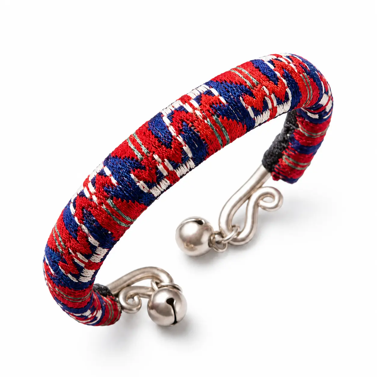 Handmade Counted-Thread Embroidery Open Cuff Bracelet with Bell Accents, Wearable Art Gift, Stackable Bracelet, Culture, Woven Thread, Bangles, Ethnic Weave, Pull On