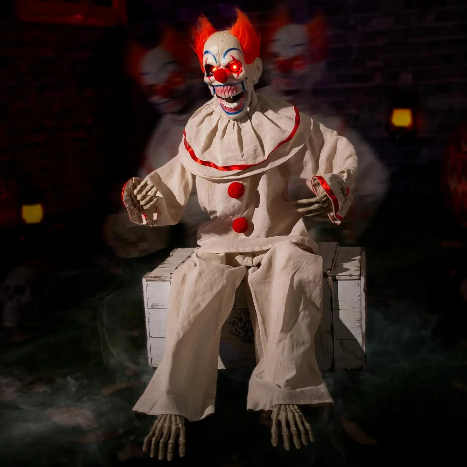 Halloween Animatronic Sitting Clown, Halloween Animated Decorations with Sound Activated, Creepy Sound, Light Up Eyes, Scary Move, Haunted House Holiday Spooky Decor  Prop, for Indoor Outdoor