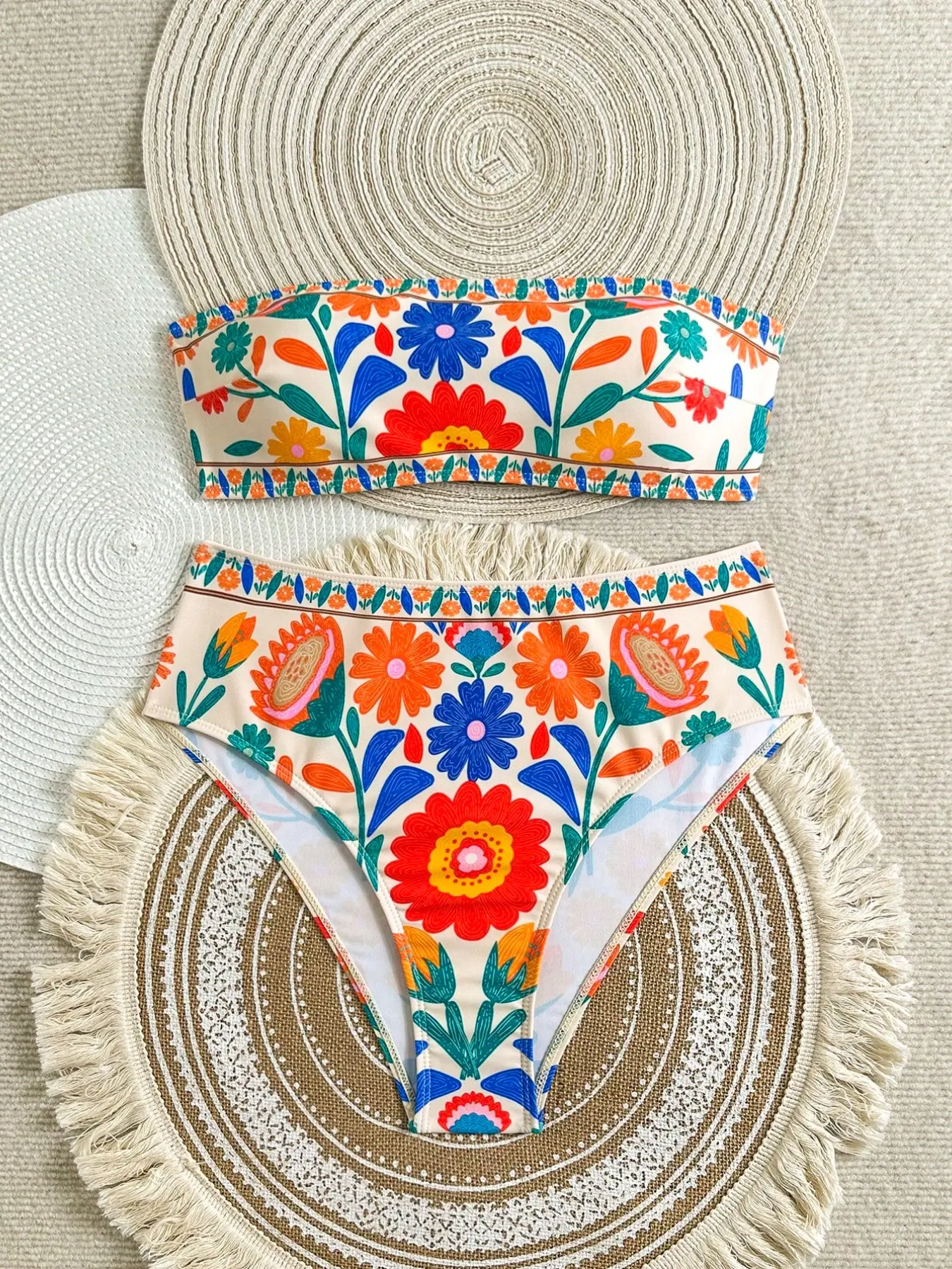 Boho Floral Print Bikini Set, High Waist Halter Top Slimming, Beach Vacation & Pool Party, Summer Swimsuit, Two Piece Swimsuit, High Waisted Swimsuit, Swimsuit Sets