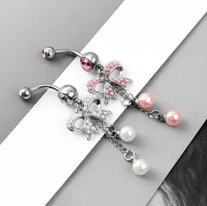 14G Stainless Steel Pink/White Crystal Rhinestone Dangle Bow Navel Chain Piercing