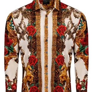 Barabas Men's Red Rose Rhinestone Button Up Dress Shirt with Gold Embroidery and Tiger Stripe Design