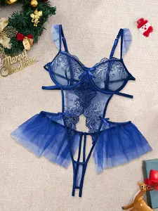 Christmas Women's Embroidered Sheer Mesh Cut Out Bodysuit, Soft Lingerie, Underwear, Adjustable Straps, Bow Decor, Push-Up Thong Design, Embroidery, Fit, Perfect for Romantic Nights