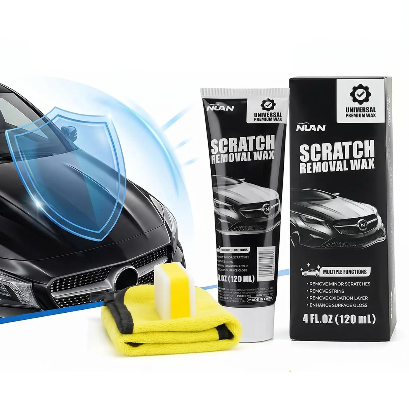 NUAN Car Scratch Remover Wax, Universal Premium Polishing Compound for Deep Scratches, 4 fl oz (120 ML), with Sponge and Cloth,White,NUAN scratch removal wax