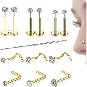 12PCS Nose Rings Studs Set For Women:14K Gold Filled & 316L Surgical Steel Nose Stud Threadless Flat Back Earrings-Cartilage Studs Hypoallergenic Corkscrew L Shaped Nostril Piercing Jewelry 20G