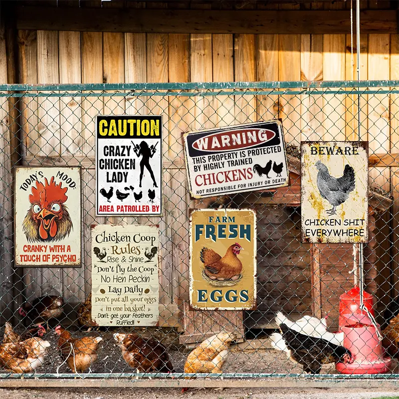 6pcs Vintage Repurposed Metal Chicken Coop Decorative Plaques & Signs Set - Rustic Farmhouse Home Decor Supplies with Humor, Animals, Birds Designs (Crazy Chicken Lady, Farm Fresh Eggs, Rustic Wire Fence, Red Feeder) for Room, Wardrobe