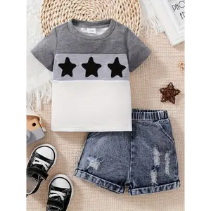 Baby Boy Color Block T-shirt And Denim Pant Set, Summer, for Outdoor