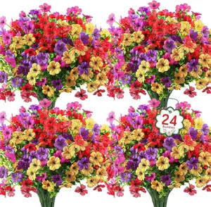 24 Bundles Artificial Flowers, UV Resistant Daisy & Eucalyptus, Outdoor Faux Plants, Long-Lasting Porch & Garden Decor