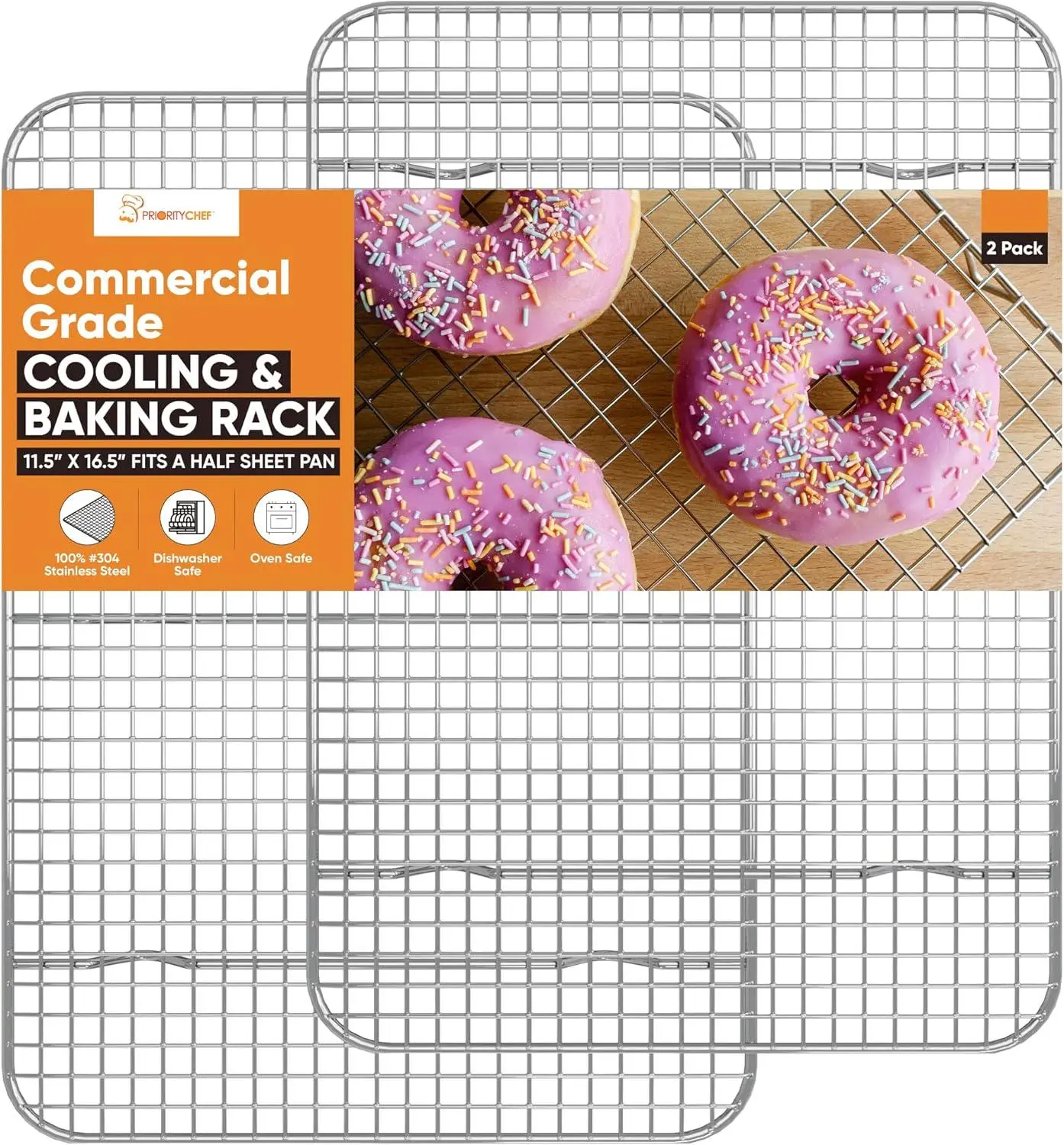 Prioritychef 18/8 Stainless Steel Cooling Rack, Heavy Duty Baking Rack for Oven Cooking, Fits Half Sheet Pan, Wire Rack for Cooking, 11.5" X 16.5" - 2 Pack Priority Chef